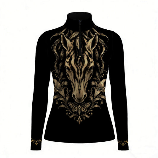 Black long sleeve quarter zip riding top with gold zebra striped horse and floral front print