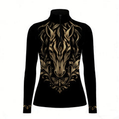 Black long sleeve quarter zip riding top with gold zebra striped horse and floral front print