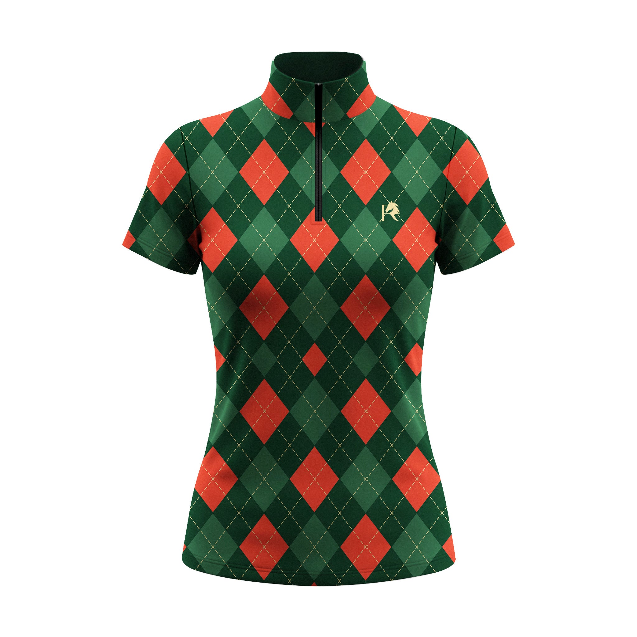 Green argyle short sleeve quarter zip riding top with red diamond shapes and gold horse head logo on the left chest, shown flat with a contoured fitted silhouette and dark green inner collar