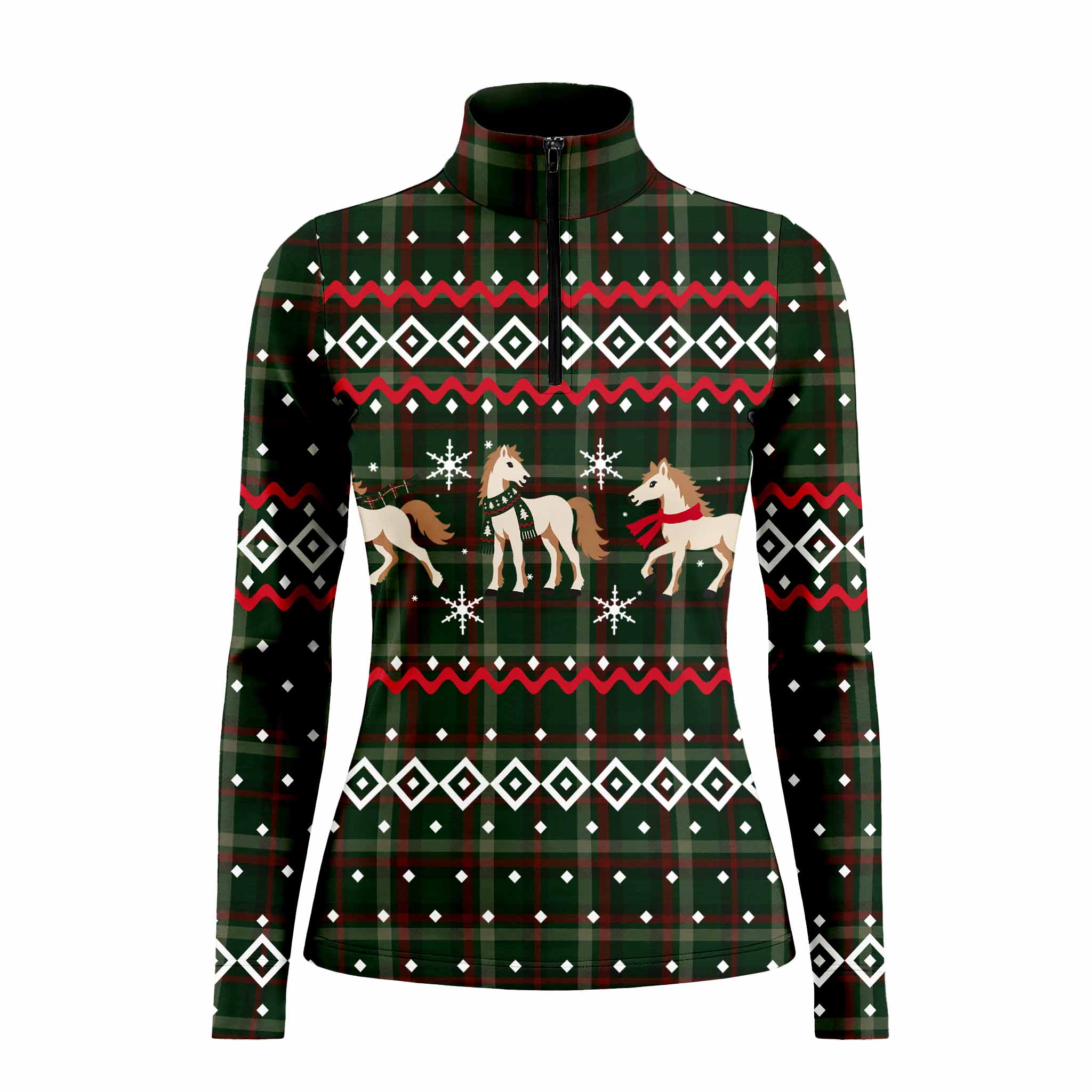 Front studio view of the green holiday print long sleeve riding top