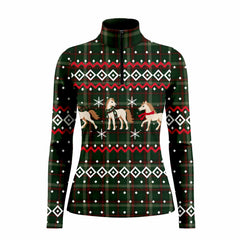 Front studio view of the green holiday print long sleeve riding top
