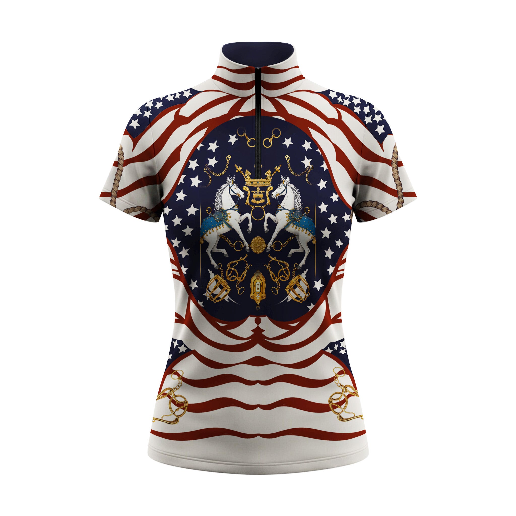 Clean studio white‑background product mockup of women’s american flag dual‑heraldic horse golden equestrian hardware short‑sleeve quarter‑zip riding top