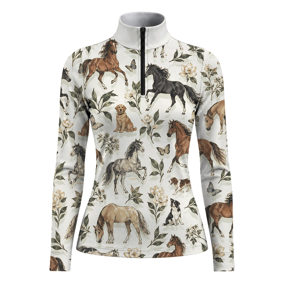 Off white long sleeve quarter zip riding top with an all over print of horses, dogs, butterflies, cream flowers and green leaves