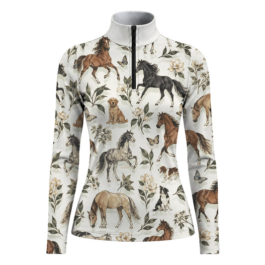 Off white long sleeve quarter zip riding top with an all over print of horses, dogs, butterflies, cream flowers and green leaves
