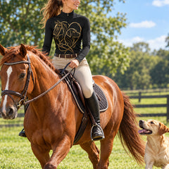 Woman wearing the black quarter zip riding top with light beige breeches while riding a chestnut horse in a grassy fenced field