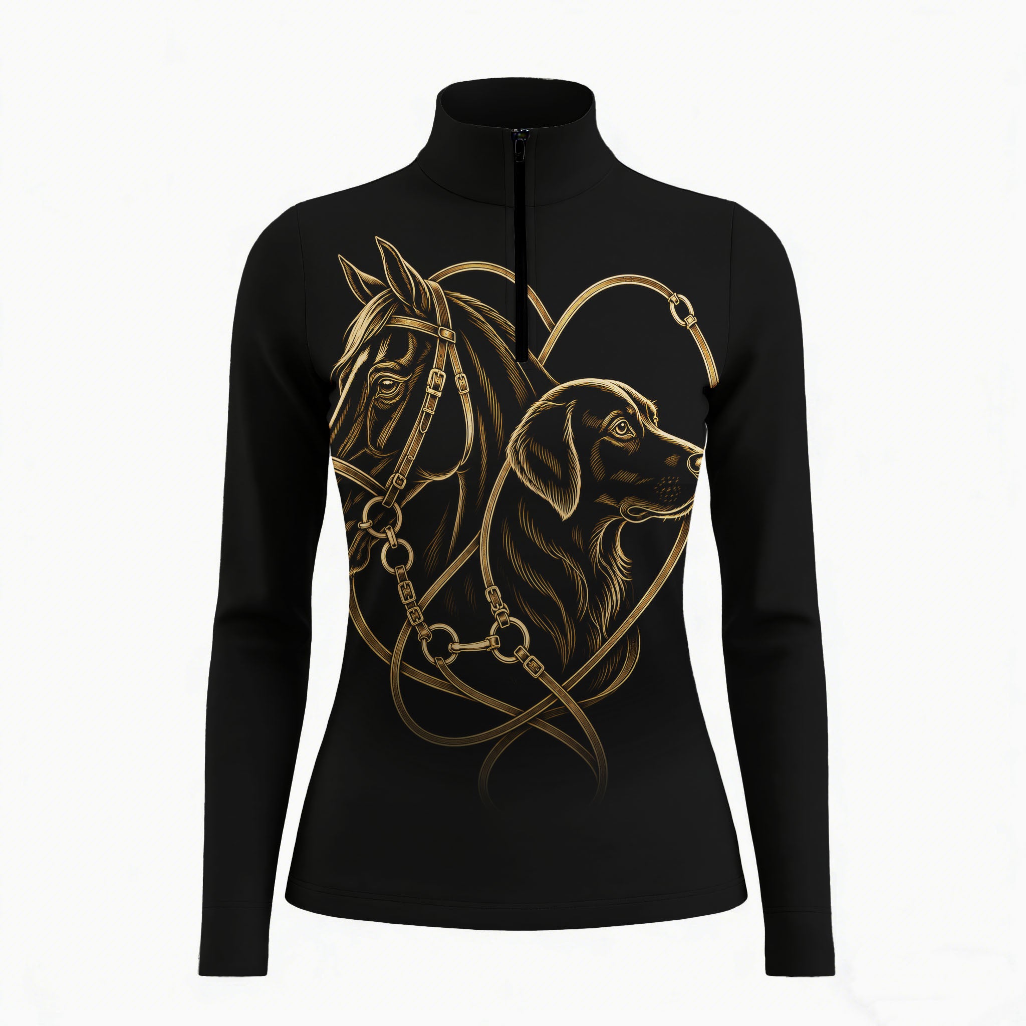 Black long sleeve quarter zip riding top with gold toned horse and dog heart graphic centered below the dark zipper