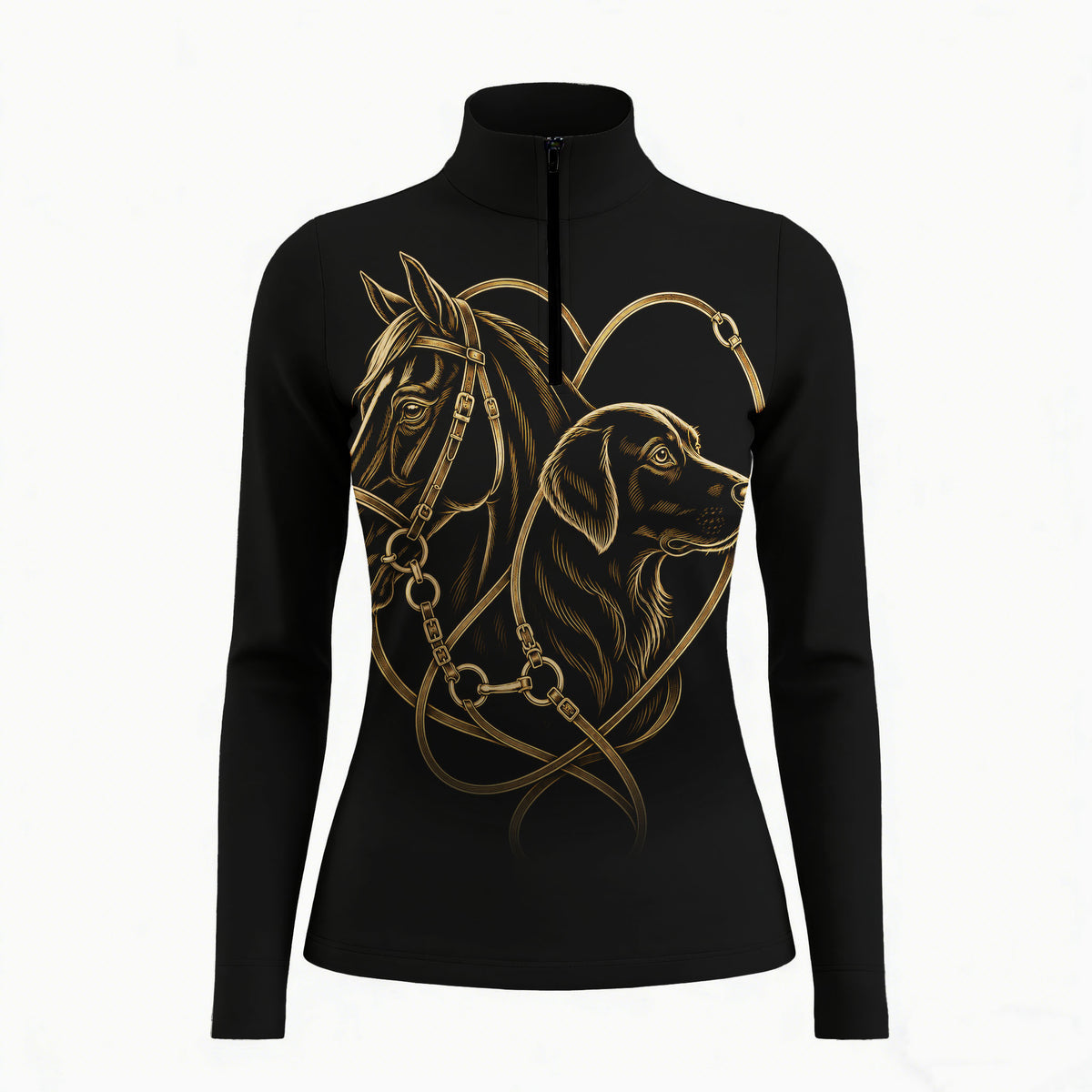 Black long sleeve quarter zip riding top with gold toned horse and dog heart graphic centered below the dark zipper
