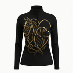 Black long sleeve quarter zip riding top with gold toned horse and dog heart graphic centered below the dark zipper