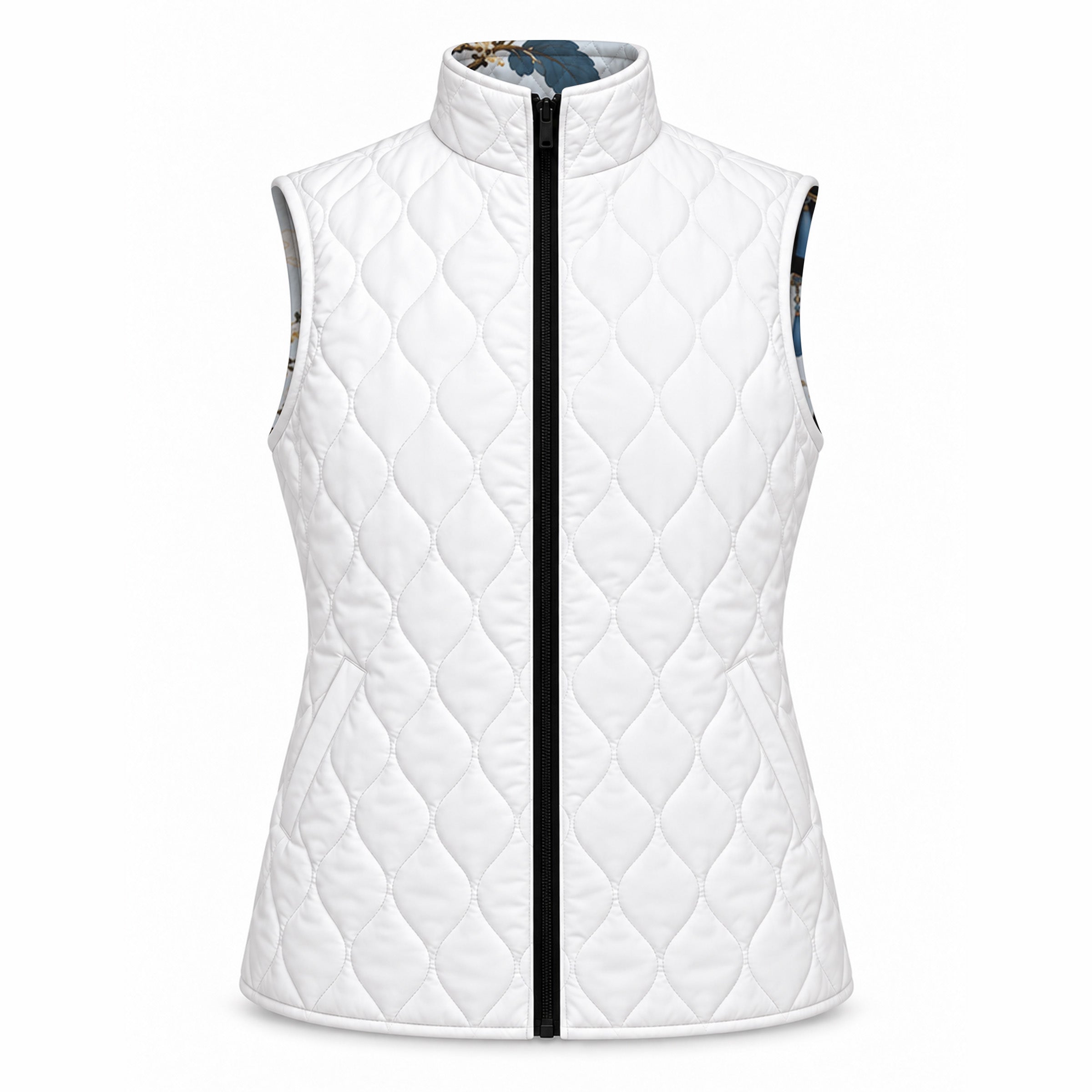 White diamond quilted side of reversible vest with side seam pocket and standing collar