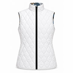 White diamond quilted side of reversible vest with side seam pocket and standing collar