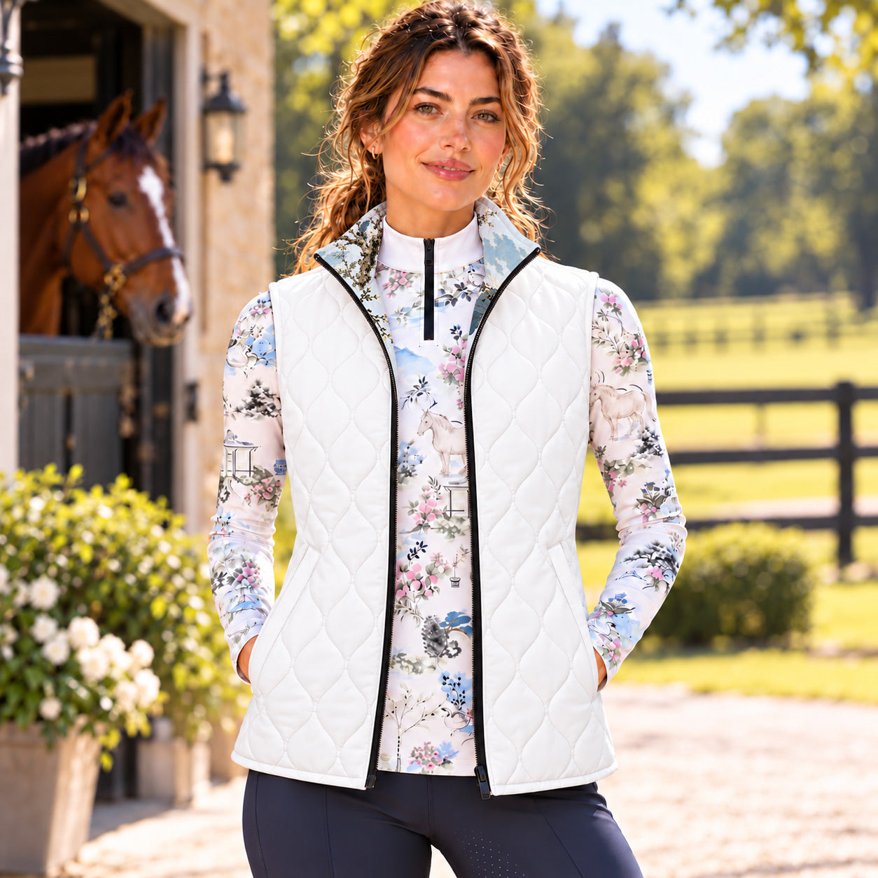Solid white reverse side of reversible quilted equestrian vest with on point diamond quilted stitch pattern and two side seam pockets
