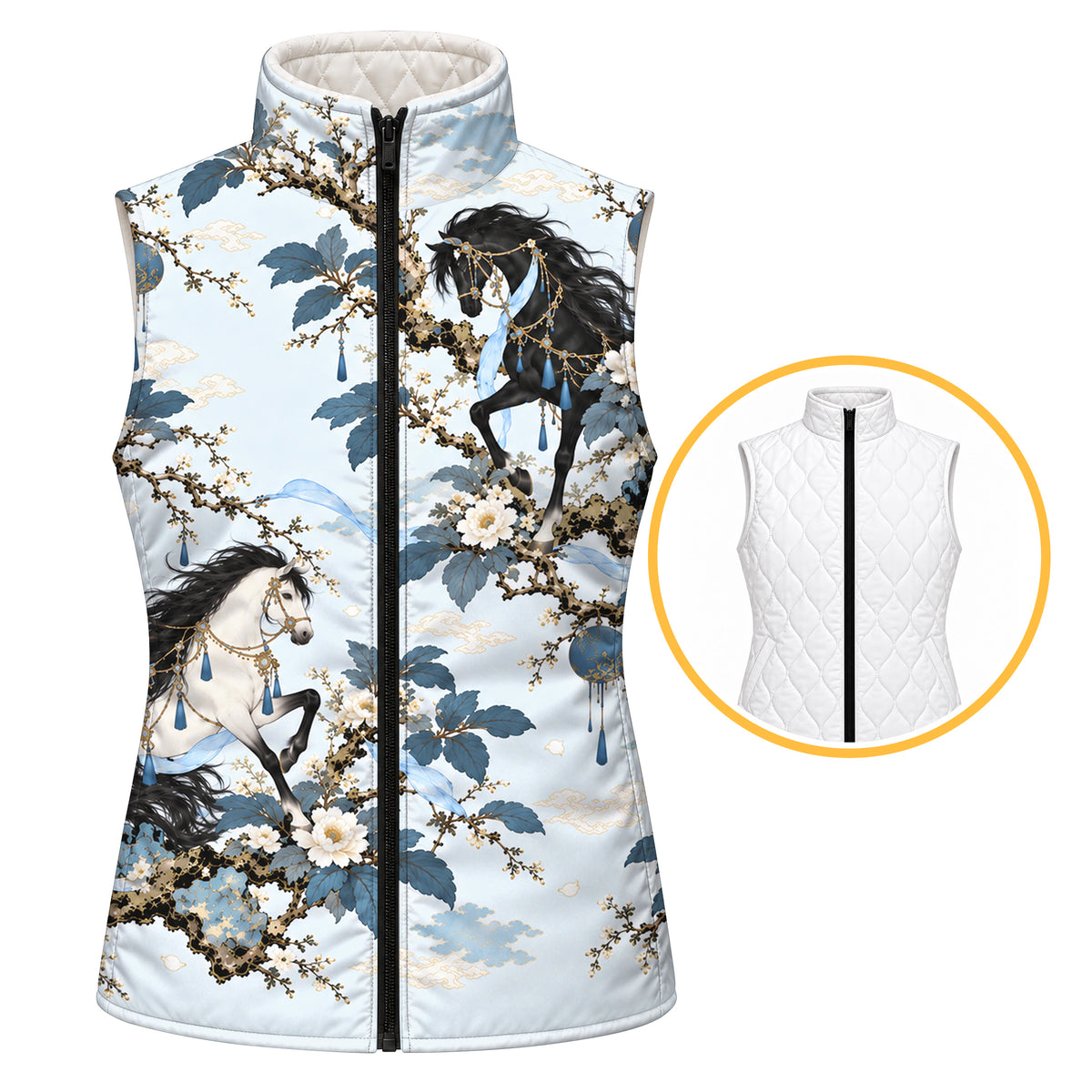 Pale blue reversible quilted equestrian vest with prancing horse and floral print, standing collar and full length black zipper
