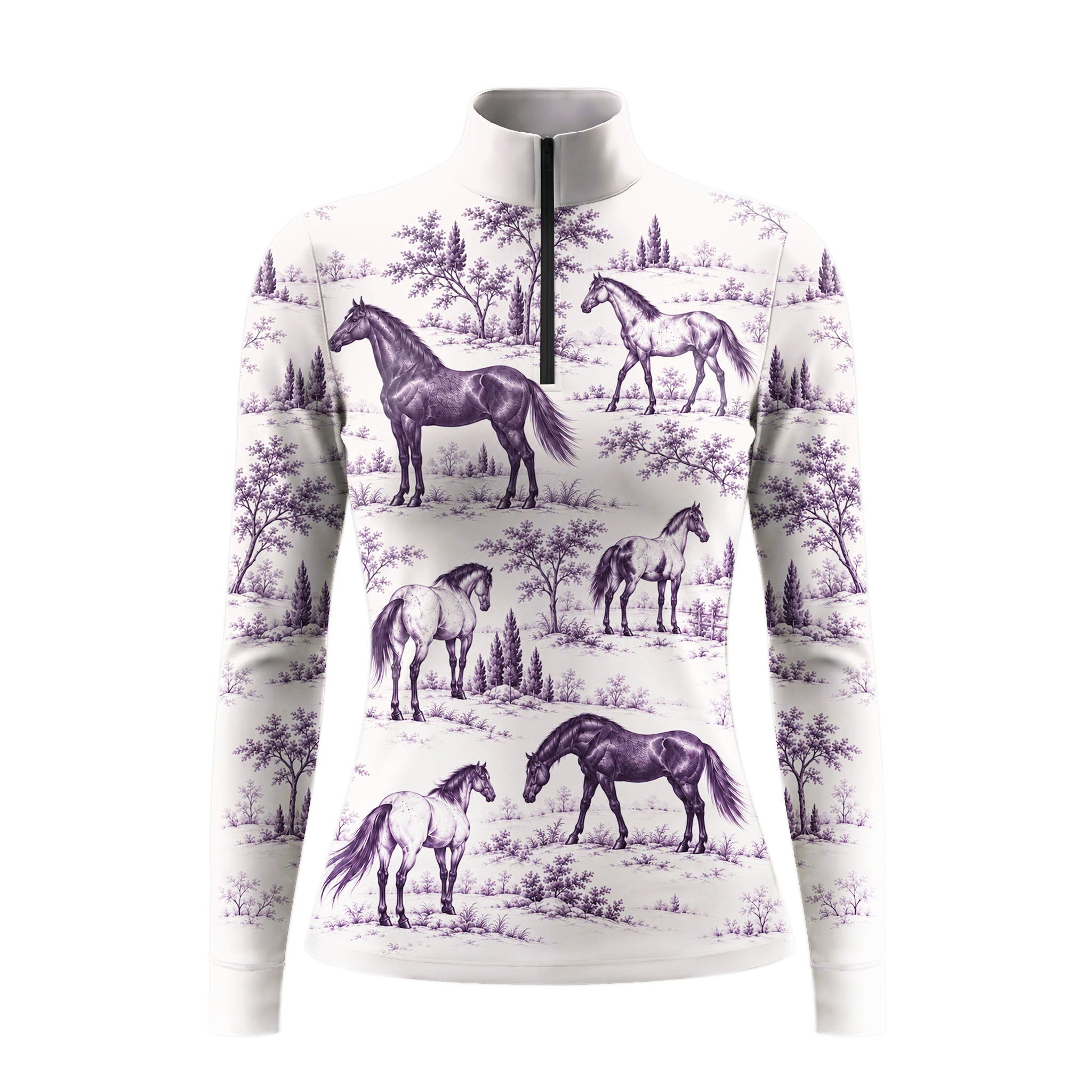 Off white long sleeve quarter zip riding top with purple horse and landscape print