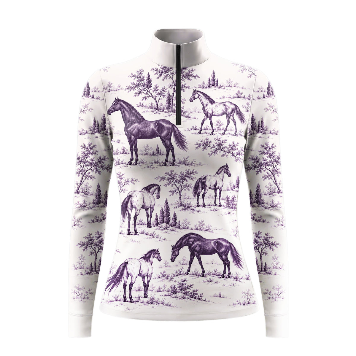 Off white long sleeve quarter zip riding top with purple horse and landscape print