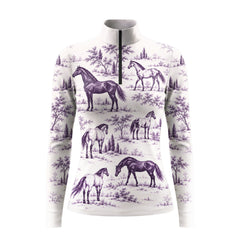 Off white long sleeve quarter zip riding top with purple horse and landscape print