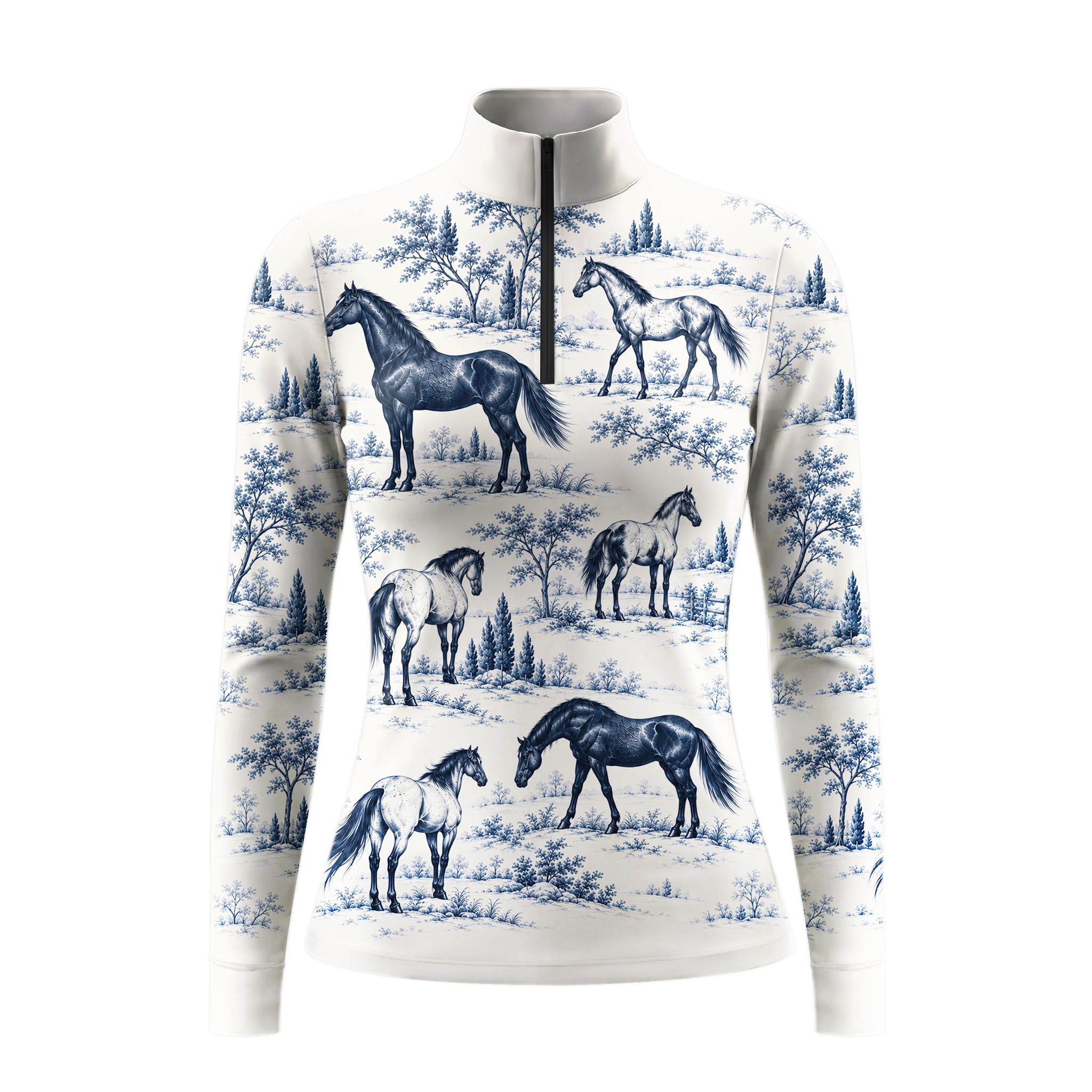 Off white long sleeve quarter zip riding top with blue horse and landscape print