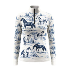 Off white long sleeve quarter zip riding top with blue horse and landscape print
