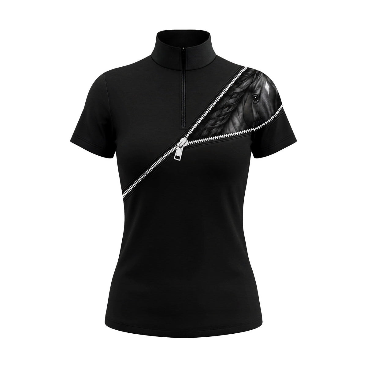 Black short sleeve quarter zip riding top with grayscale braided mane horse head print on the upper left chest and diagonal silver zipper