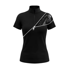 Black short sleeve quarter zip riding top with grayscale braided mane horse head print on the upper left chest and diagonal silver zipper