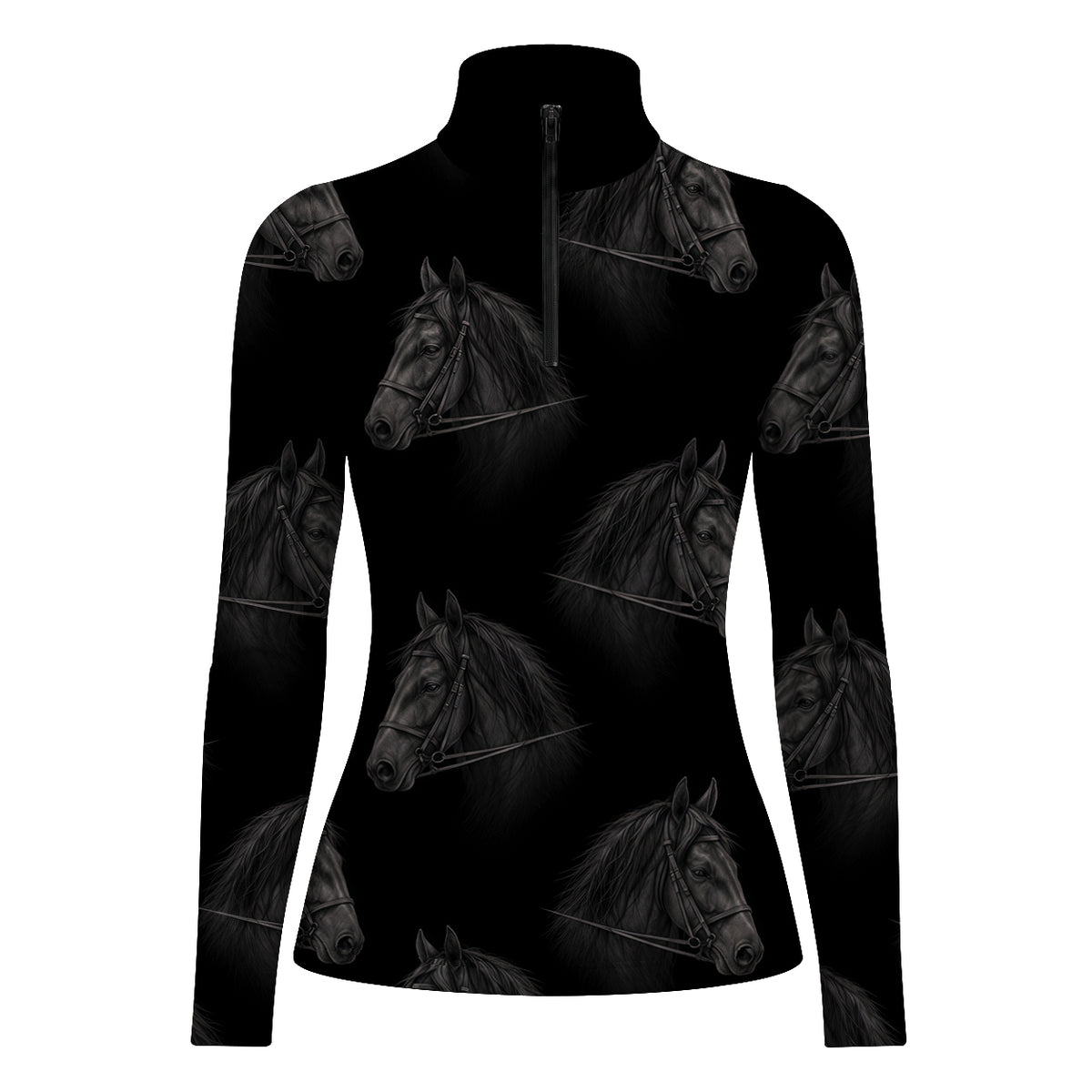 Black long sleeve quarter zip riding top with all over dark gray horse head print, shown flat with a form fitting silhouette