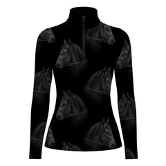 Black long sleeve quarter zip riding top with all over dark gray horse head print, shown flat with a form fitting silhouette