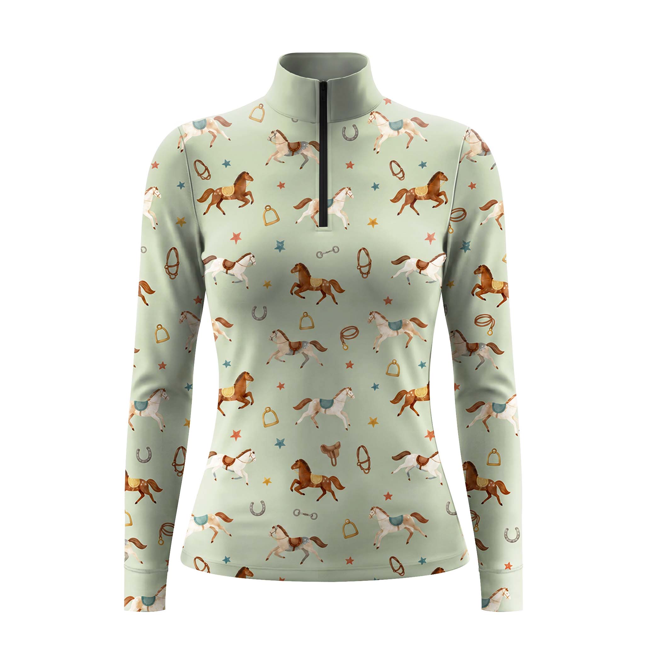 Light sage green long sleeve quarter zip riding top with all over horse and tack print