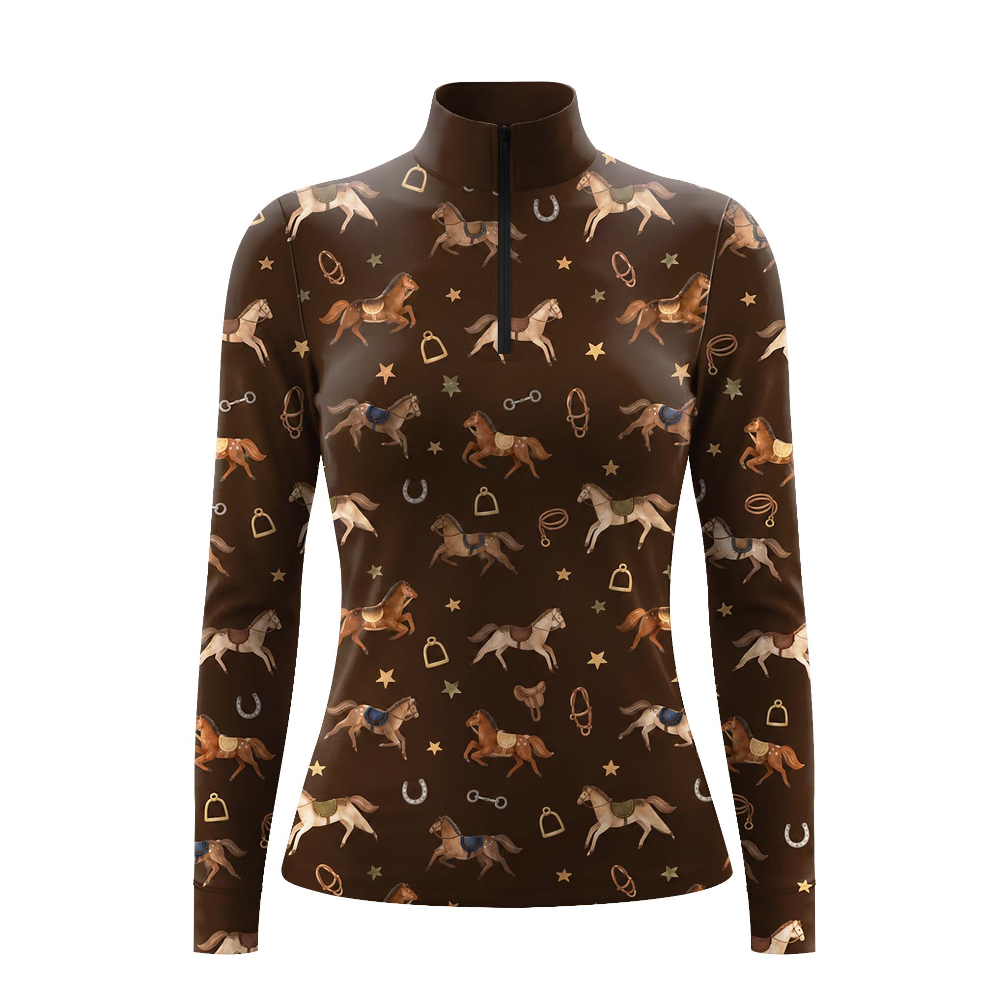 Dark brown long sleeve quarter zip riding top with all over horse and tack print