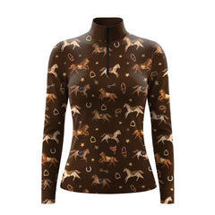 Dark brown long sleeve quarter zip riding top with all over horse and tack print