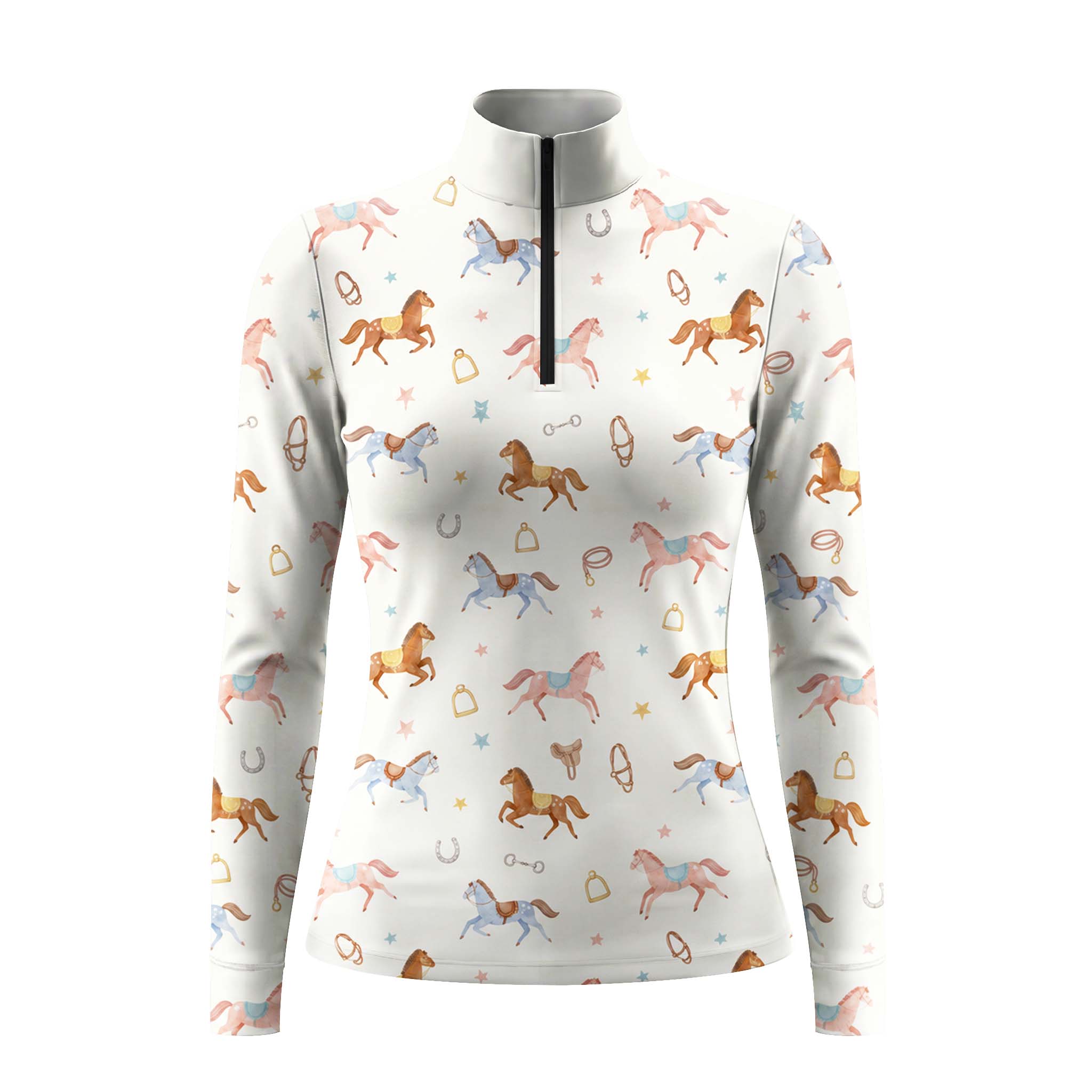 Off white beige long sleeve quarter zip riding top with all over horse and tack print