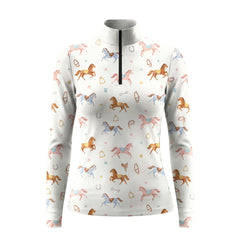 Off white beige long sleeve quarter zip riding top with all over horse and tack print