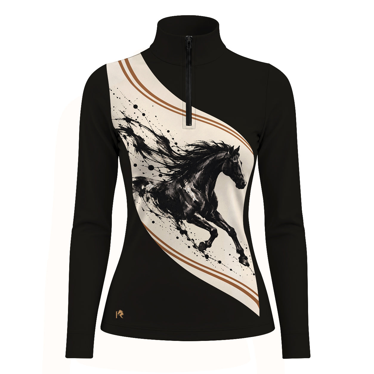 Black long sleeve quarter zip riding top with cream curved front panel, ink style galloping horse print and small gold R horse head logo at the lower left hem