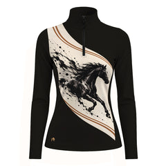 Black long sleeve quarter zip riding top with cream curved front panel, ink style galloping horse print and small gold R horse head logo at the lower left hem