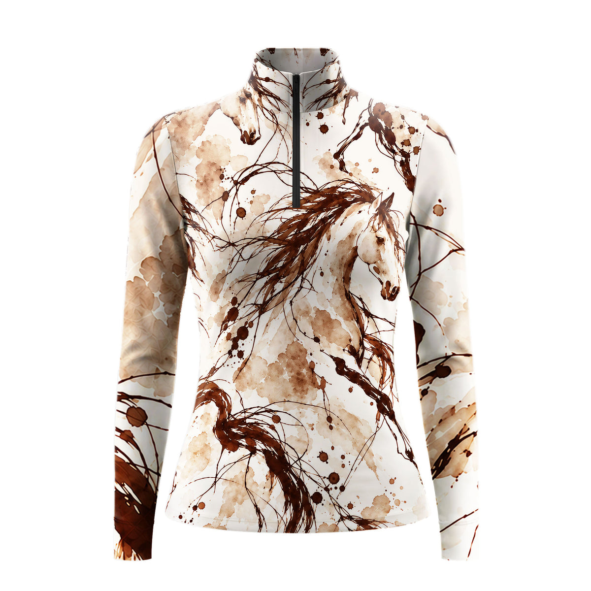 Off white long sleeve quarter zip riding top with brown ink style horse head on the center chest and splatter print on the sleeves