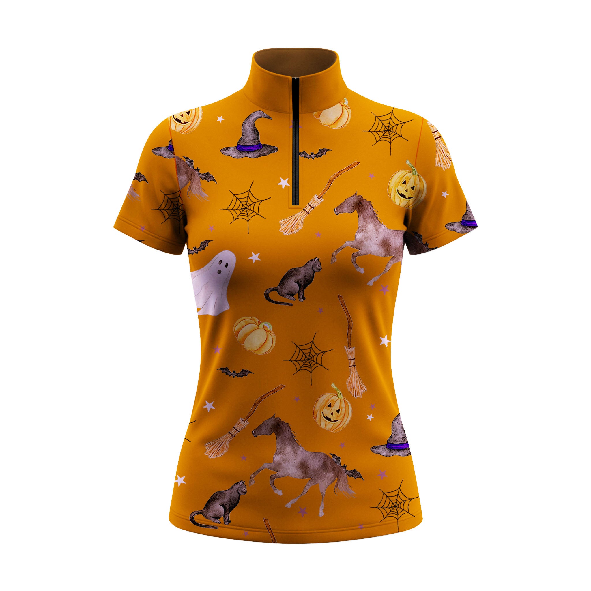 Studio white‑background product mockup of women’s burnt‑orange short‑sleeve quarter‑zip riding top with full Halloween themed all‑over print
