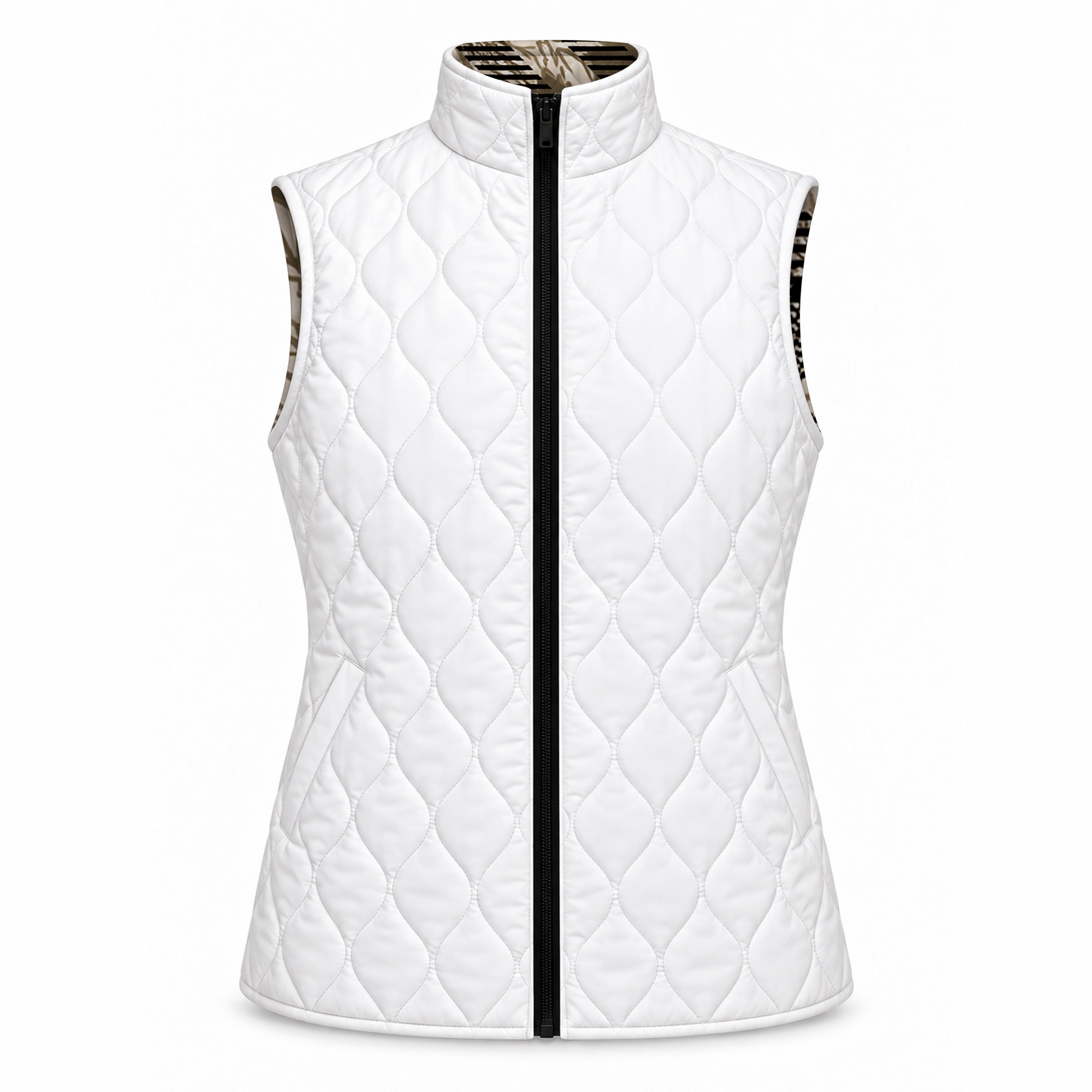 White diamond quilted side with vertical slit side pocket and printed inner collar lining