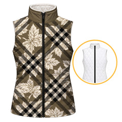 Reversible quilted vest with olive toned maple leaf and plaid print side and solid stand up collar