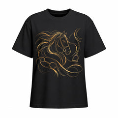 Black short sleeve T shirt with metallic gold horse head and bridle chest graphic