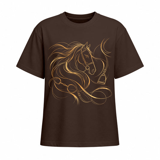 Chocolate brown short sleeve T shirt with metallic gold horse head and bridle chest graphic