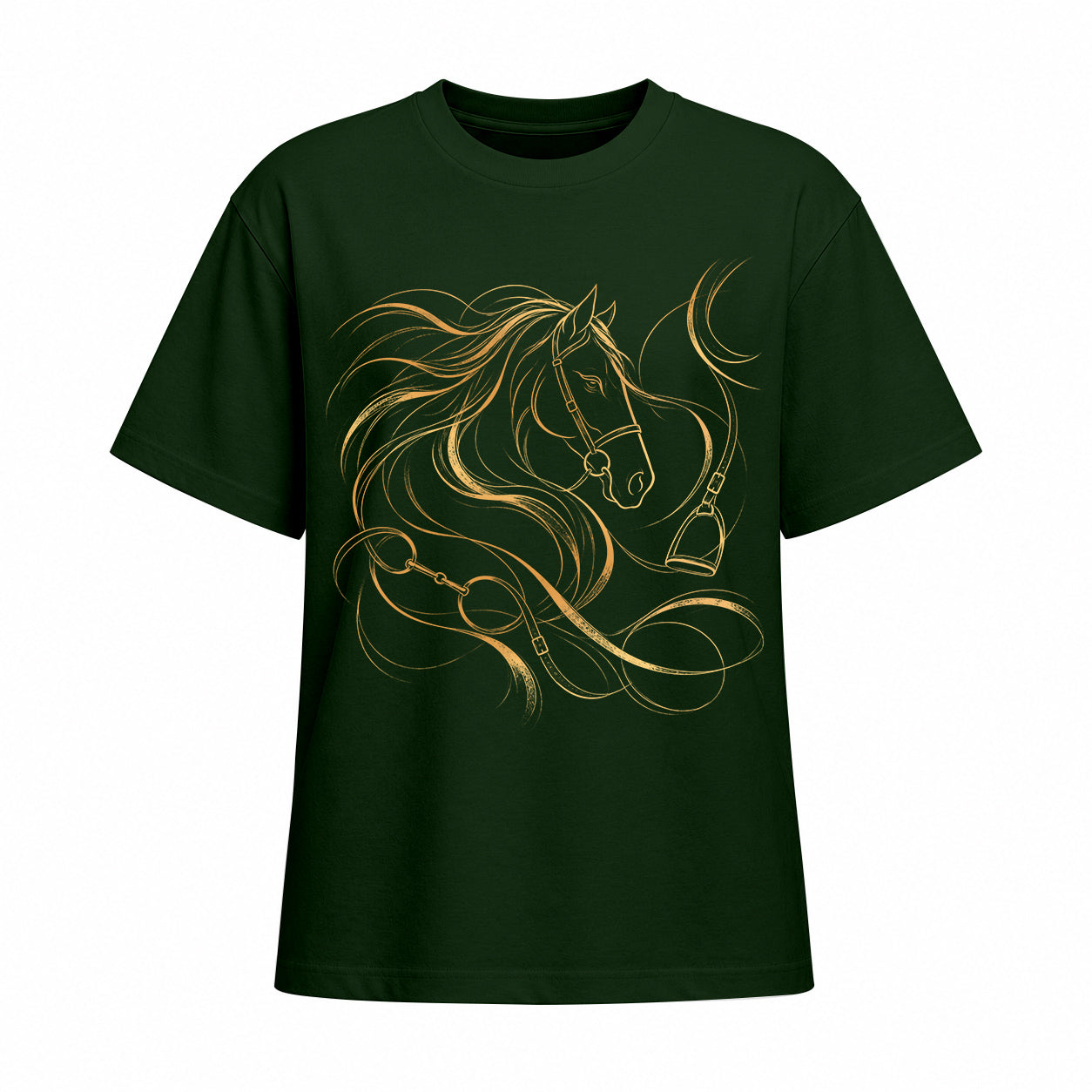 Forest green short sleeve T shirt with metallic gold horse head and bridle chest graphic