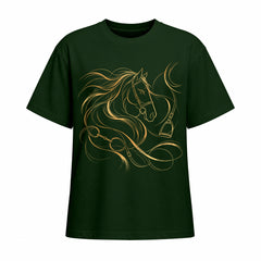 Forest green short sleeve T shirt with metallic gold horse head and bridle chest graphic