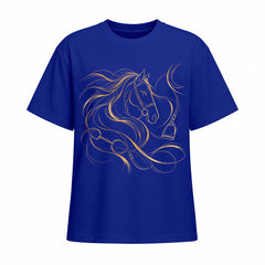 Navy blue short sleeve T shirt with metallic gold horse head and bridle chest graphic