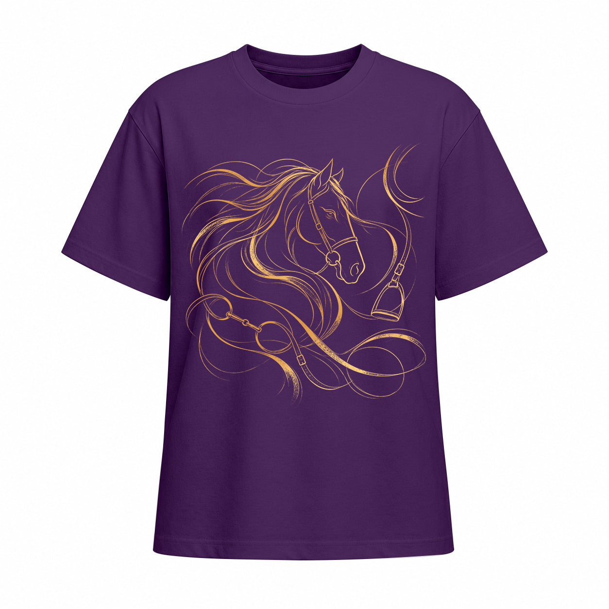 Purple short sleeve T shirt with metallic gold horse head and bridle chest graphic