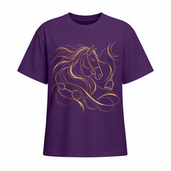 Purple short sleeve T shirt with metallic gold horse head and bridle chest graphic