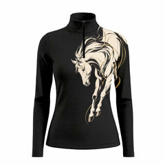 Black long sleeve quarter zip riding top with stylized horse graphic in off white, black and metallic gold tones