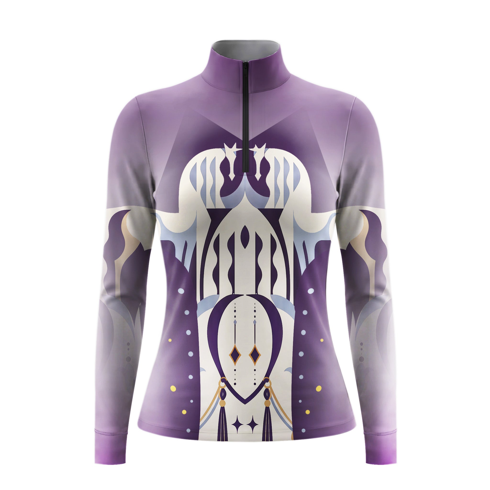 Purple gradient long sleeve quarter zip riding top with mirrored horse head print on the front