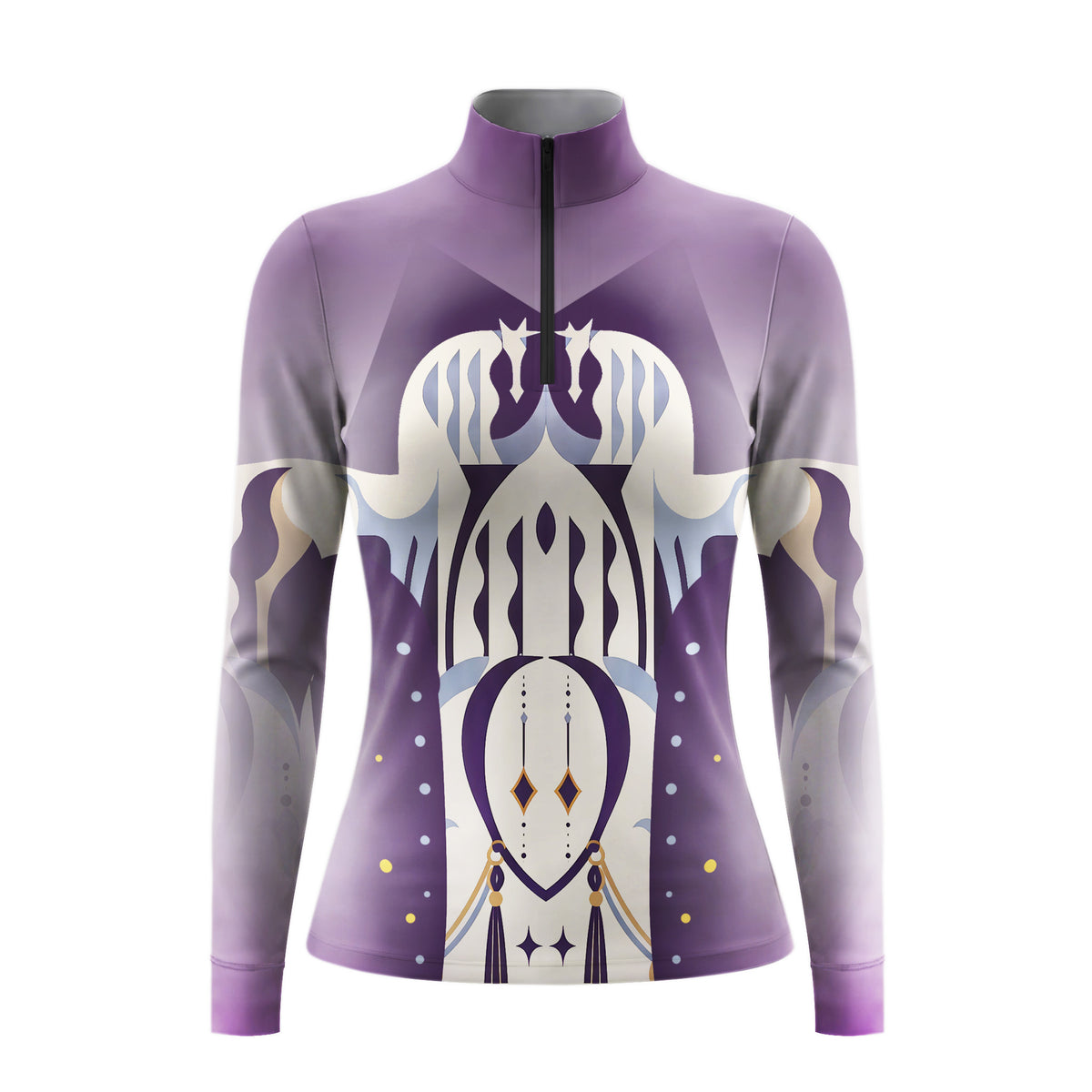 Purple gradient long sleeve quarter zip riding top with mirrored horse head print on the front
