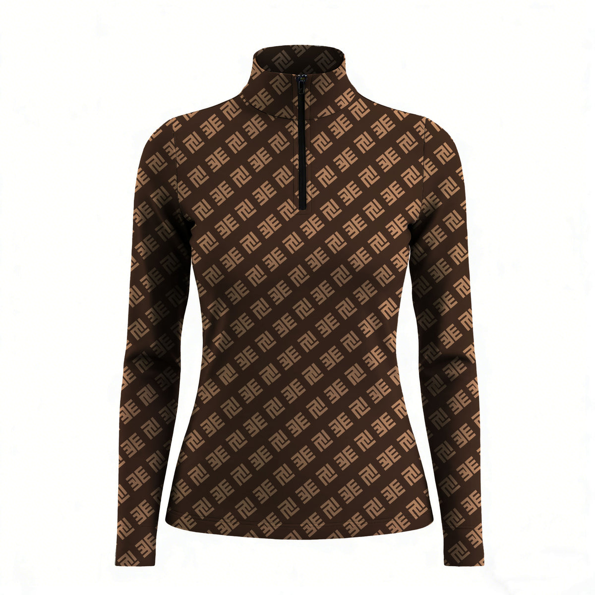 Dark brown long sleeve quarter zip riding top with light tan monogram print, stand collar and straight hem