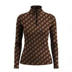Dark brown long sleeve quarter zip riding top with light tan monogram print, stand collar and straight hem