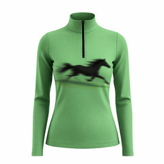 Bright green long sleeve quarter zip riding top with a flat printed black galloping horse on the front chest