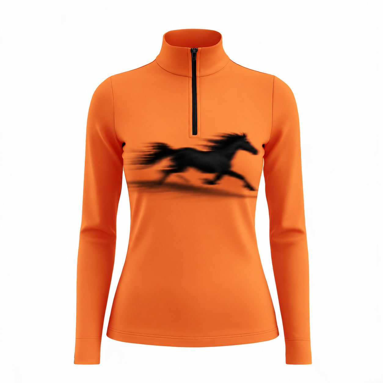 Bright orange long sleeve quarter zip riding top with a flat printed black galloping horse on the front chest